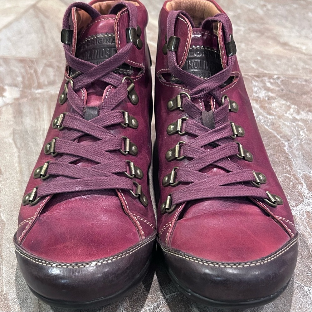 Women's Burgundy Leather Lace-Up Ankle Sneakers - Picture 4 of 14
